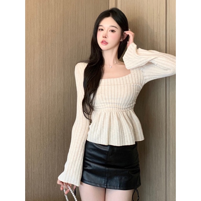 Áo Thun Tay Dài Cổ Vuông Dáng Ôm Thời Trang Mùa Thu Cho Nữ