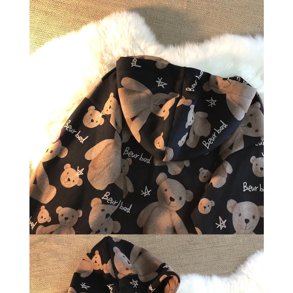 Áo Hoodie Dáng Rộng 40% Vải Lông Cừu Dày Dặn In Họa Tiết Chú Gấu Phong Cách Hàn Quốc Thời Trang Thu Đông Cho Nữ