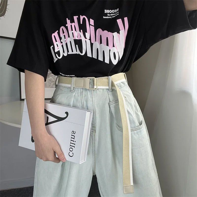 Thắt Lưng Vải Jean Khóa Đôi Họa Tiết Kẻ Sọc Nhiều Màu Độc Đáo Thời Trang Cho Nữ