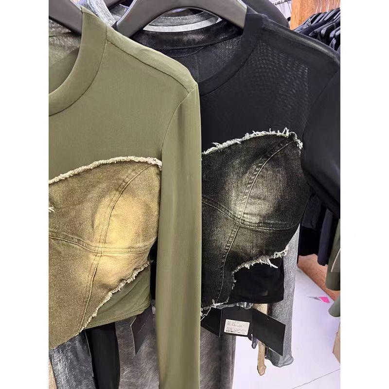 Áo Lưới Cổ Tròn Thời Trang Mùa Thu Hàn Quốc Mới puruiti2023 ​​Áo Thun denim Tay Dài Thời Trang Dành Cho Nữ