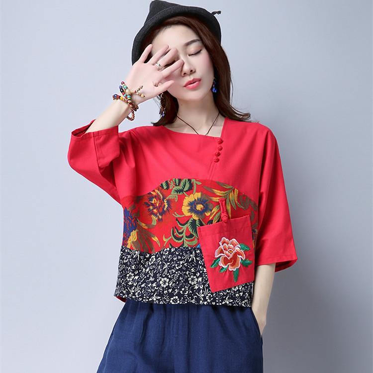 Áo Sơ Mi Lanh cotton Tay Lửng Dáng Rộng Thêu Hoa Tương Phản Thoáng Khí Phong Cách Dân Tộc plus size Cho Nữ 2023 lf10.13