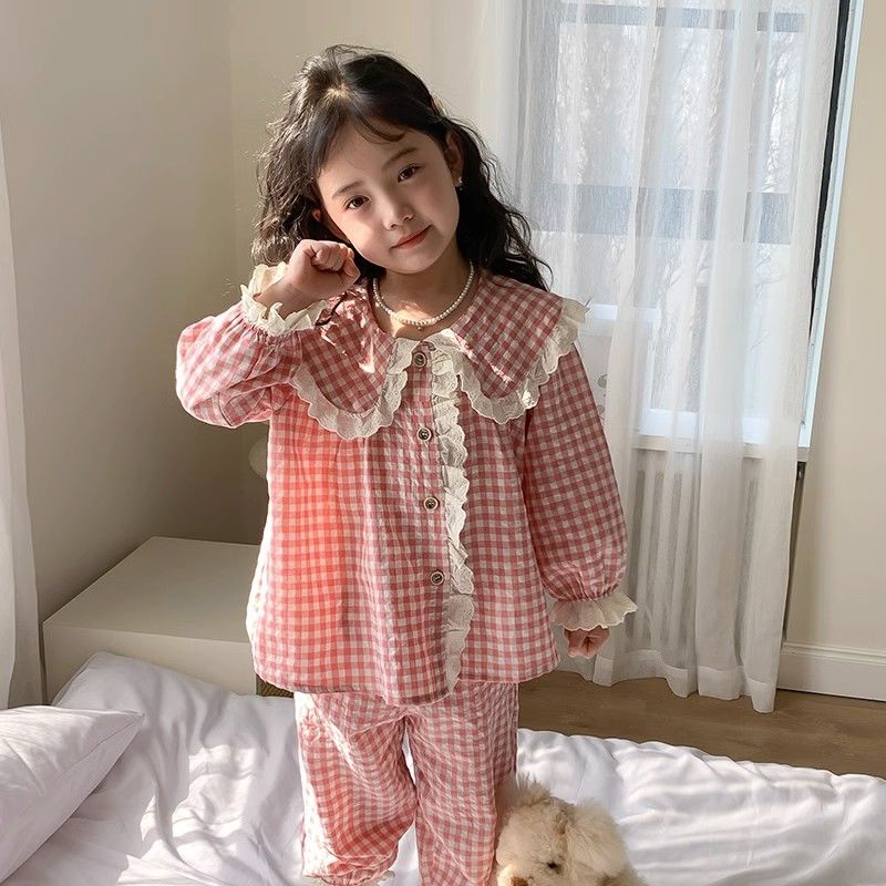 Bộ Đồ Ngủ Pijama Tay Dài Cổ Búp Bê Phong Cách Phương Tây Thời Trang Xuân Thu Cho Bé Gái
