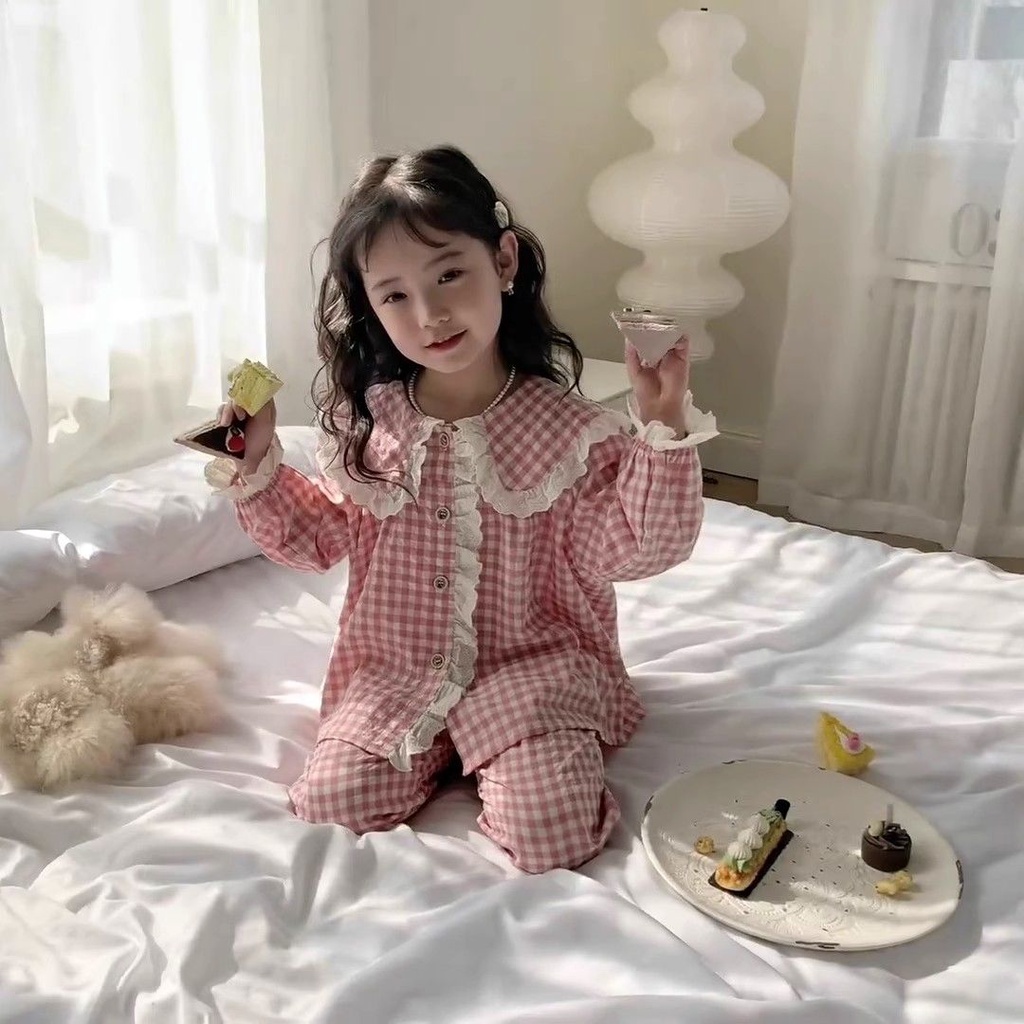 Bộ Đồ Ngủ Pijama Tay Dài Cổ Búp Bê Phong Cách Phương Tây Thời Trang Xuân Thu Cho Bé Gái
