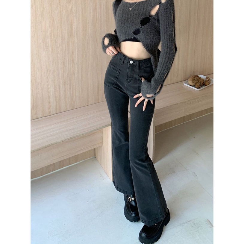 Đen Quần Jean Ống Loe Lưng Cao Co Giãn Thời Trang Thu Đông 2022 Dành Cho Nữ