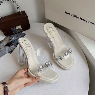  Trunky Dép Cao Gót Quai Trong Suốt Đính Ngọc Trai Giả Xinh Xắn Thời Trang Kiểu Pháp Cho Nữ size 35-42  7-9cm  