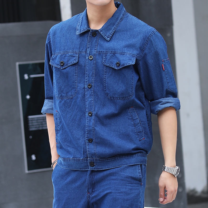Quần áo bảo hộ lao động Mùa hè dài tay Denim hàn bảo hộ lao động phù hợp với nam phong cách mỏng tho