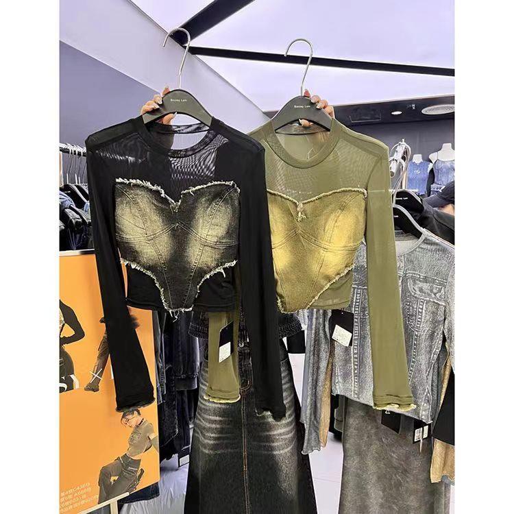 Áo Lưới Cổ Tròn Thời Trang Mùa Thu Hàn Quốc Mới puruiti2023 ​​Áo Thun denim Tay Dài Thời Trang Dành Cho Nữ