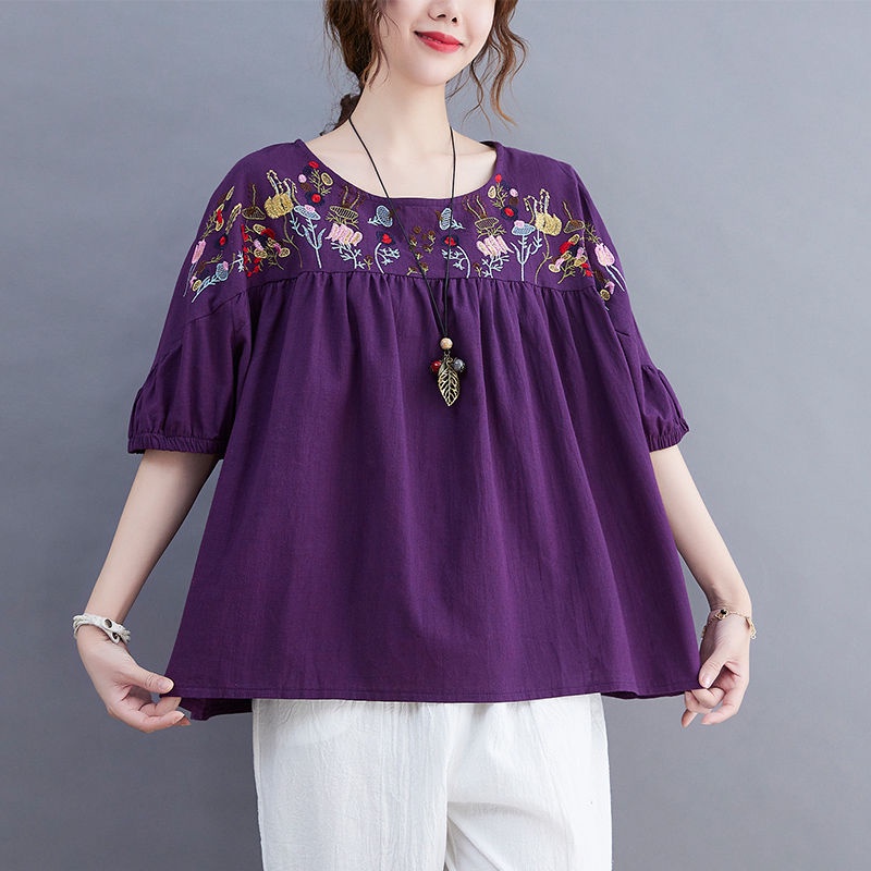 Áo Sơ Mi cotton Nguyên Chất Dáng Rộng Tay Ngắn Thêu Họa Tiết Dân Tộc Thời Trang Cho Nữ 2023 lf10.13