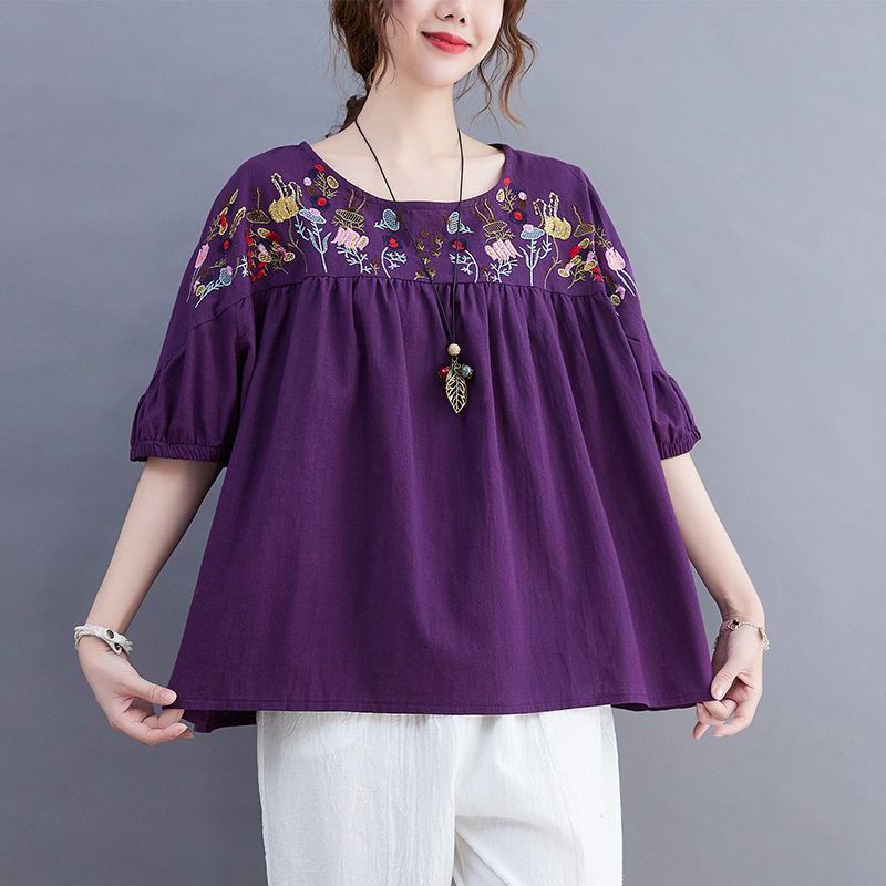 Áo Sơ Mi cotton Nguyên Chất Dáng Rộng Tay Ngắn Thêu Họa Tiết Dân Tộc Thời Trang Cho Nữ 2023 lf10.13