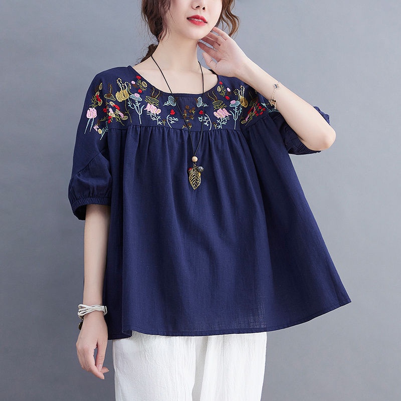 Áo Sơ Mi cotton Nguyên Chất Dáng Rộng Tay Ngắn Thêu Họa Tiết Dân Tộc Thời Trang Cho Nữ 2023 lf10.13