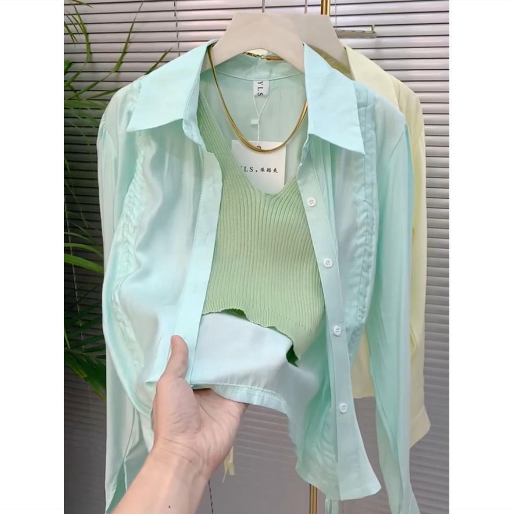 Áo Khoác Sơ Mi Mỏng Chống Nắng Dáng Rộng Tay Dài Phối Dây Rút Thời Trang Mùa Hè Dành Cho