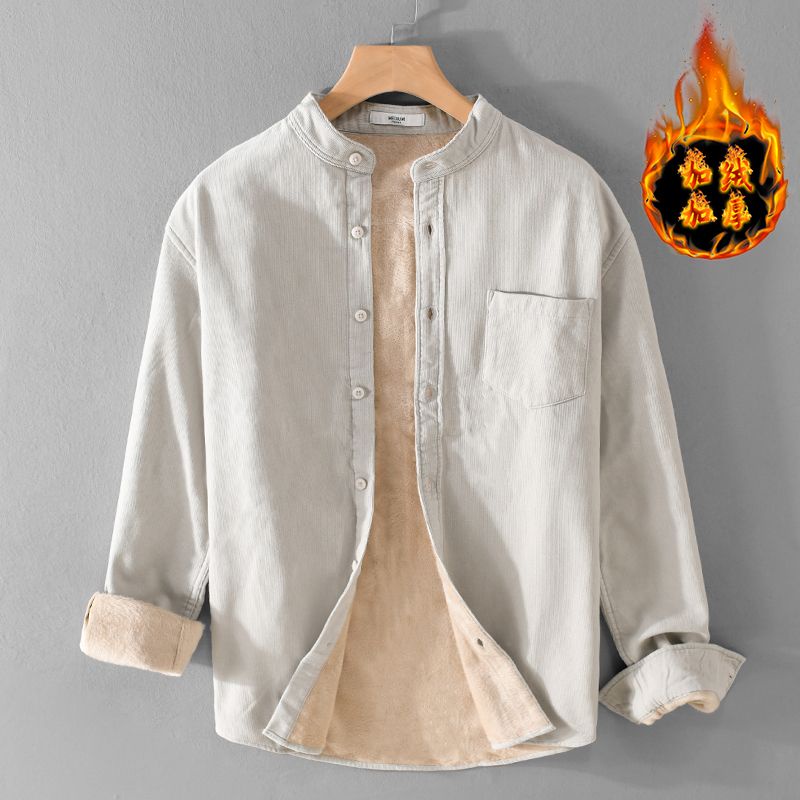 Áo Sơ Mi Tay Dài Cổ Đứng Lót Nhung Giữ Ấm Phong Cách retro Thời Trang Thu Đông Cho Nam