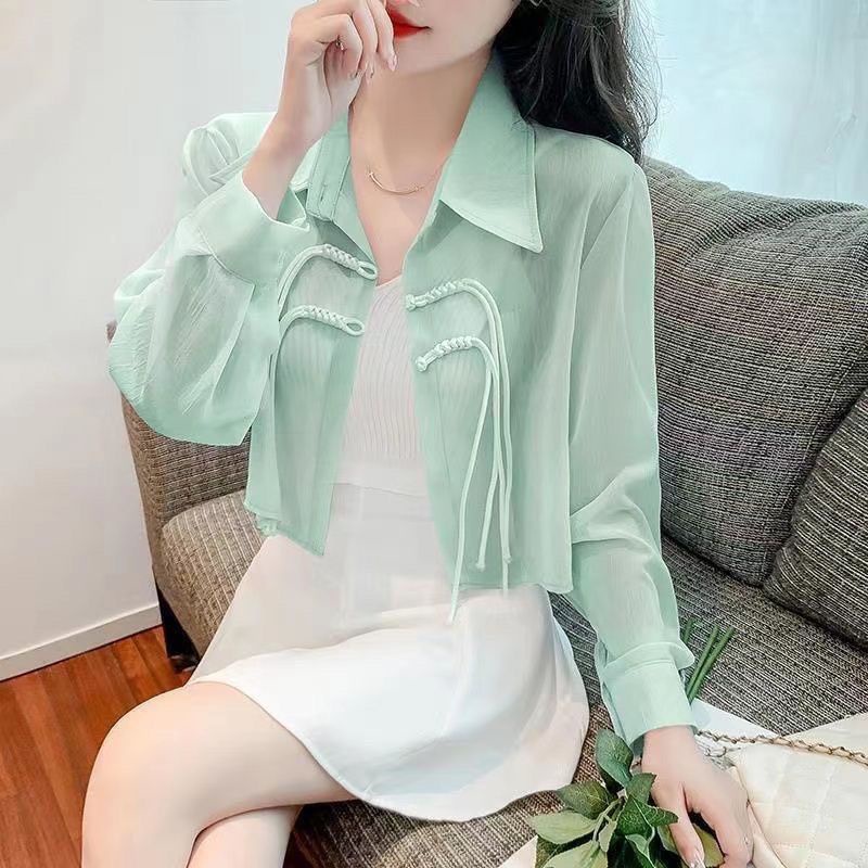 Áo Sơ Mi chiffon Mỏng Nhẹ Tay Dài Cài Nút Kiểu Trung Hoa Thời Trang Mùa Hè Cho Nữ