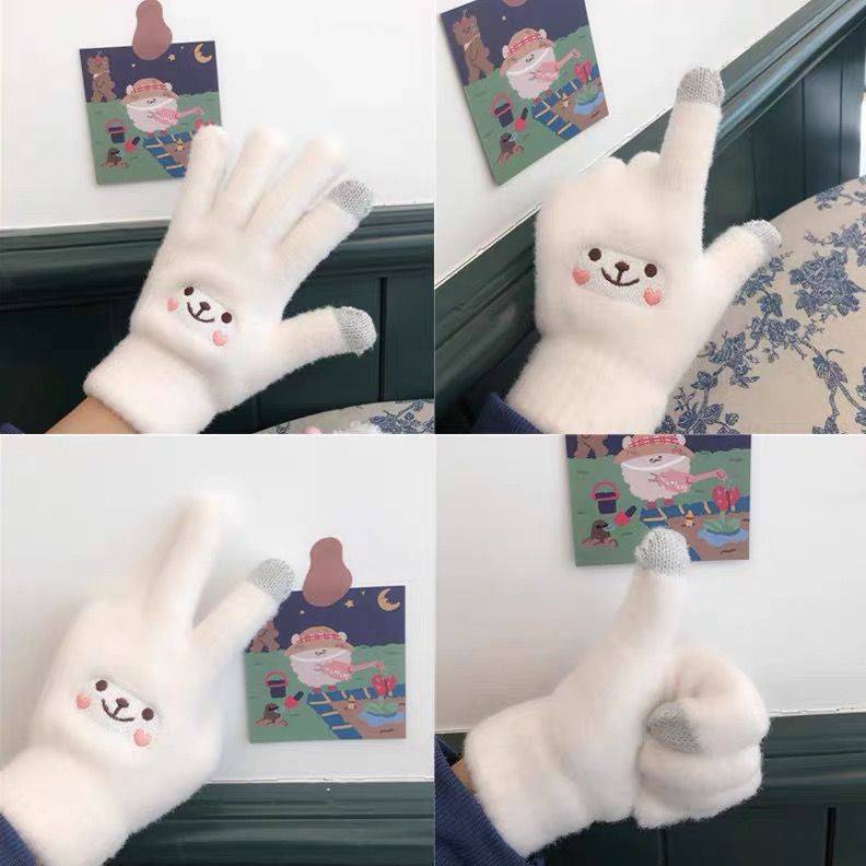 Găng Tay Len Hở Ngón Giữ Ấm Mùa Đông Có Thể Chạm Màn Hình Cảm Ứng Họa Tiết Hoạt Hình