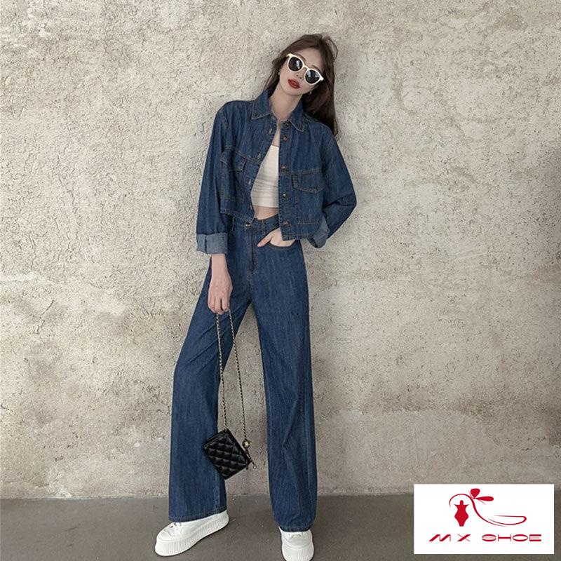 Bộ Áo Khoác Jean Tay Dài Dáng Ôm + Quần jeans Lưng Cao Ống Rộng Thời Trang Xuân Thu Dành Cho Bạn Nữ