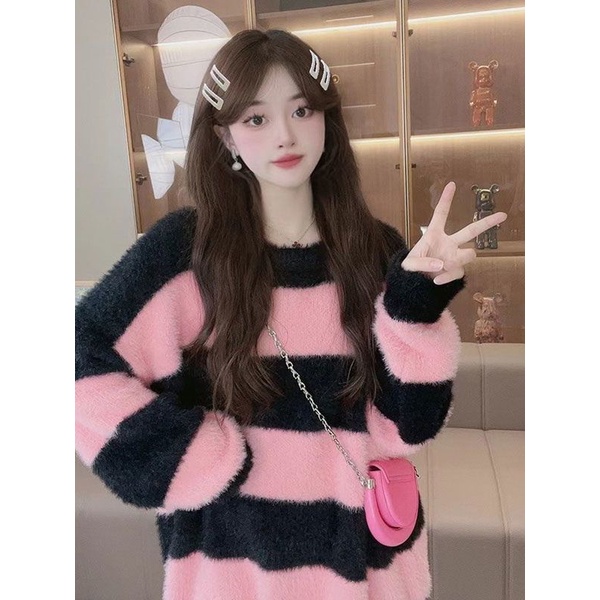 Áo sweater Giả Nhung Dáng Rộng Họa Tiết Kẻ Sọc Màu Tương Phản Thời Trang Thu Đông 2023 Cho Nữ