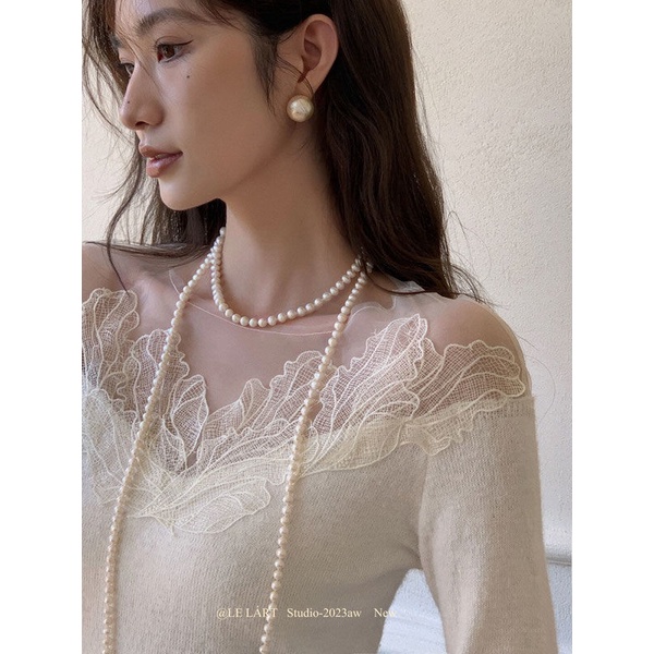 Áo Dệt Kim Trễ Vai Tay Dài Phối Ren Lưới Thời Trang Thu Đông Cho Nữ