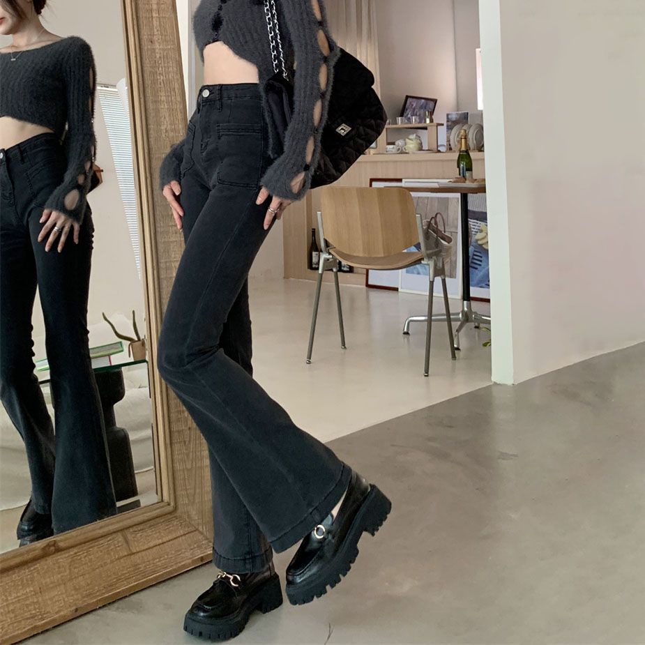 Đen Quần Jean Ống Loe Lưng Cao Co Giãn Thời Trang Thu Đông 2022 Dành Cho Nữ