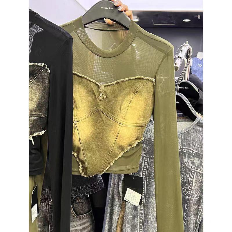 Áo Lưới Cổ Tròn Thời Trang Mùa Thu Hàn Quốc Mới puruiti2023 ​​Áo Thun denim Tay Dài Thời Trang Dành Cho Nữ