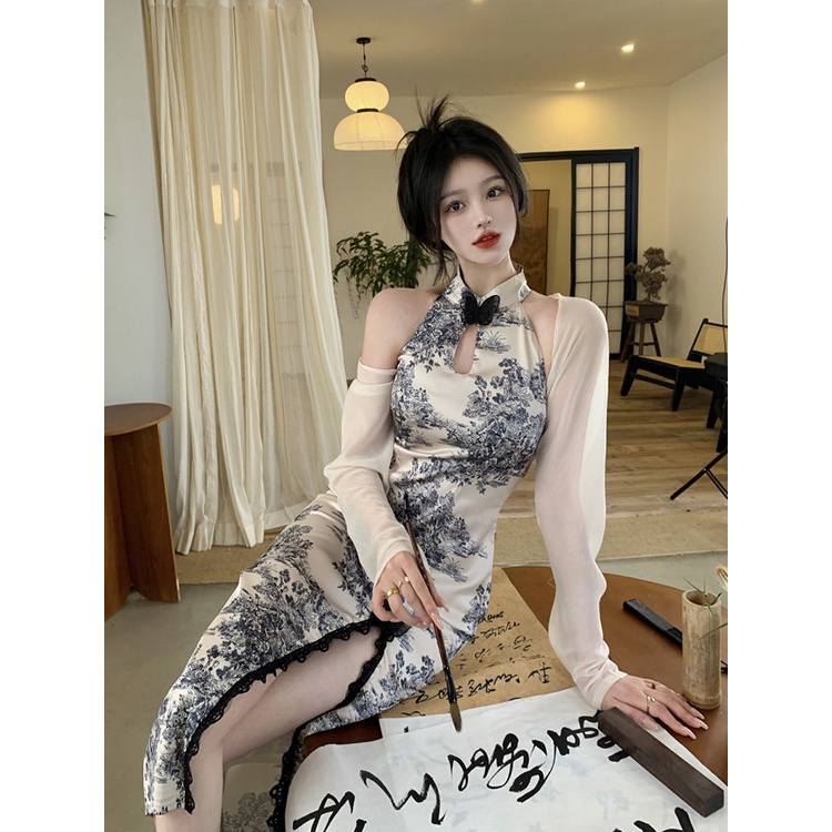 Đầm Sườn Xám Cao Cấp Ôm Dáng Xẻ Tà Họa Tiết Bướm Phong Cách Trung Hoa Mới Cho Nữ 11.7