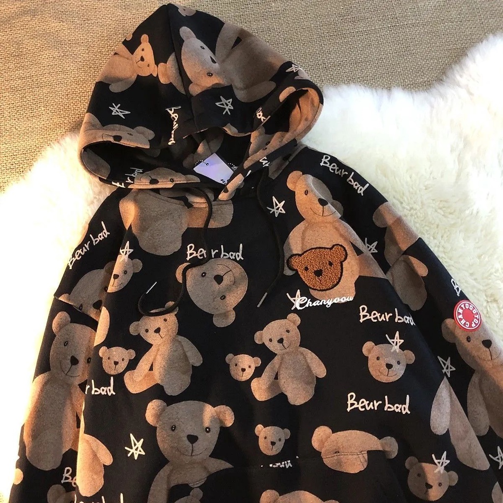 Áo Hoodie Dáng Rộng 40% Vải Lông Cừu Dày Dặn In Họa Tiết Chú Gấu Phong Cách Hàn Quốc Thời Trang Thu Đông Cho Nữ