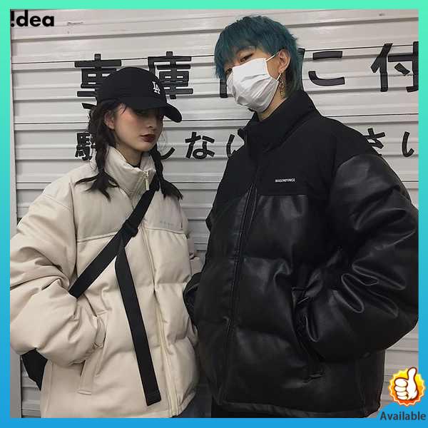 Áo khoác bông cổ đứng rộng rãi dễ phối cổ điển instagram Hàn Quốc áo bông dày da pu nam trang phục cặp đôi áo bánh mì sành điệu