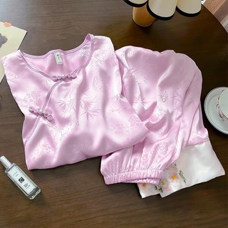 Bộ đồ ngủ tay lửng bằng lụa tuyết phong cách trung hoa mới 2023