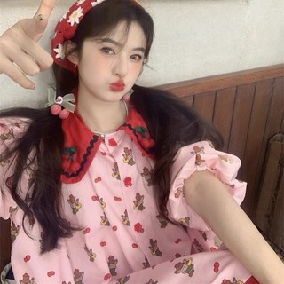 Phiên Bản Hàn Quốc Rời Giảm Tuổi Hoạt Hình Gấu In Hình Anh Đào Tương Phản Khâu Búp Bê Váy Nữ Tay Ngắn#0312