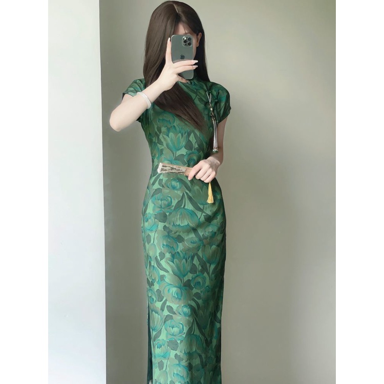 Sườn Xám Cách Tân Dáng Dài Chiết Eo In Họa Tiết Phong Cách Trung Hoa Cổ Điển 9.21