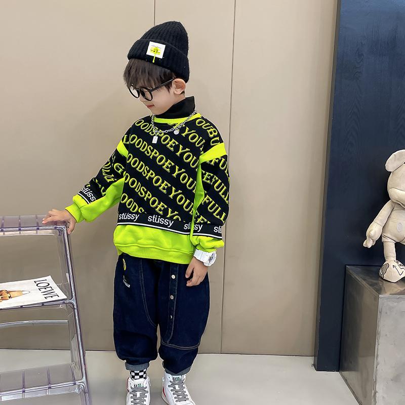 Áo sweatshirt Dày Lót Lông Cừu Cổ Cao Phong Cách Đường Phố Hàn Quốc Thời Trang Thu Đông Cho Bé Trai