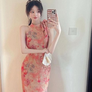 Retro Phong Cách Nhẹ Nhàng Sơn Dầu In Cải Tiến Sườn Xám Nữ Eo Eo Ôm Hơn Nhìn Gợi Cảm Cạo Vai Không Tay Khe Đầm 2.28