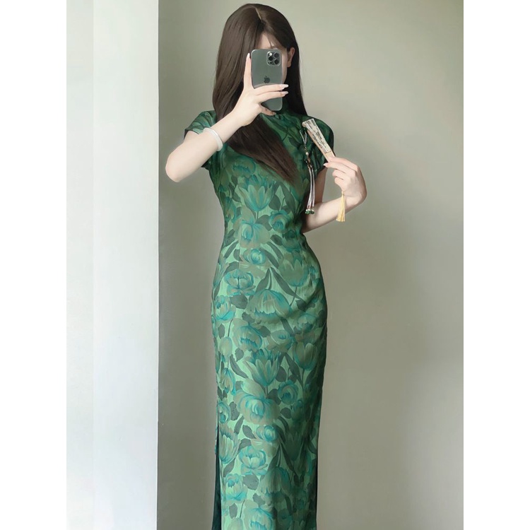 Sườn Xám Cách Tân Dáng Dài Chiết Eo In Họa Tiết Phong Cách Trung Hoa Cổ Điển 9.21