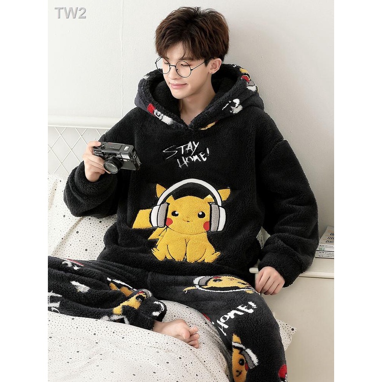 Bộ Đồ Ngủ Lông Cừu San Hô Dày Dặn In Hoạt Hình Thời Trang Thu Đông Cho Nam