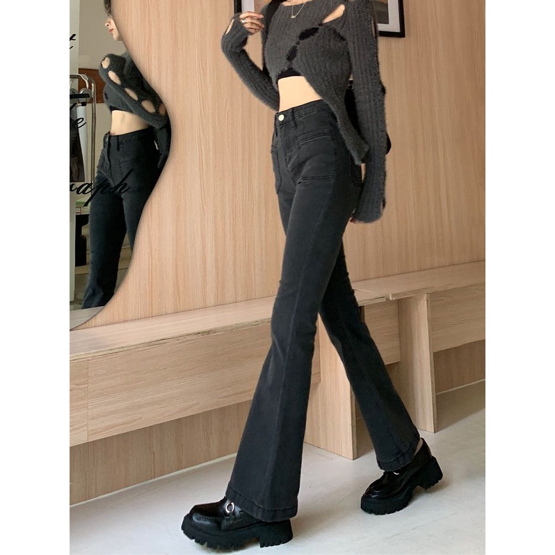 Đen Quần Jean Ống Loe Lưng Cao Co Giãn Thời Trang Thu Đông 2022 Dành Cho Nữ