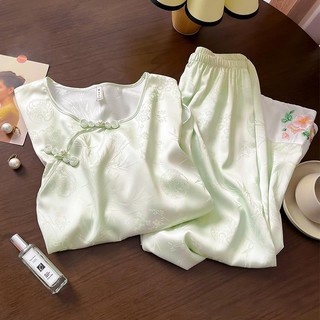 Bộ đồ ngủ tay lửng chất lụa mát cao cấp phong cách trung hoa mới