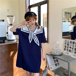 Preppy Phong Cách Đầm Nữ Mùa Hè 2022 Phong Cách Mới Retro Cổ Hải Quân Rời Thiết Kế Giảm Tuổi Áo Thun Pháp#0226