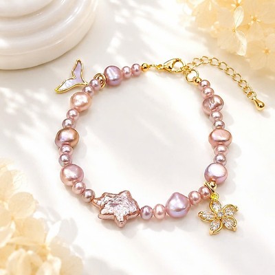 Vòng Tay Ngọc Trai Hồng Tím Charm Hoa Sao Xinh Xinh, Thời Trang - Ngọc Trai Trường ThịnhVòng Tay Ngọc Trai Hồng Tím C