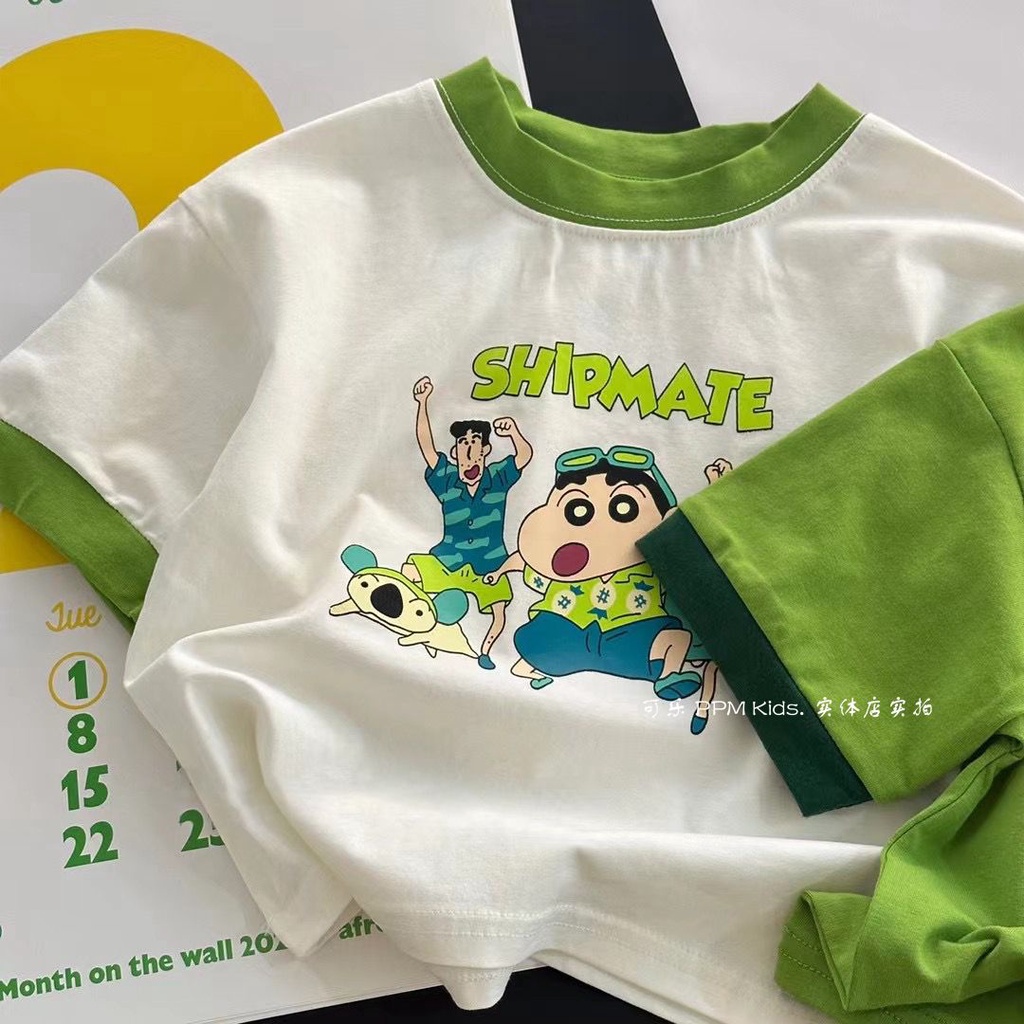 Áo Thun Cotton Ngắn Tay In Hoạt Hình Cậu Bé Bút Chì Shin-Chan Thời Trang Mùa Hè Hàn Quốc 2023 Cho Bé
