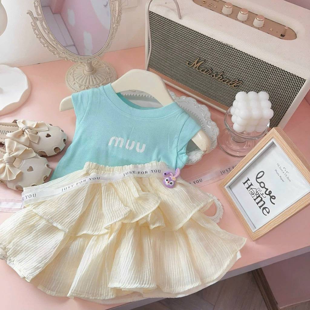 Set MIU Tơ Mềm Váy Tầng 2 Màu Hồng Xanh