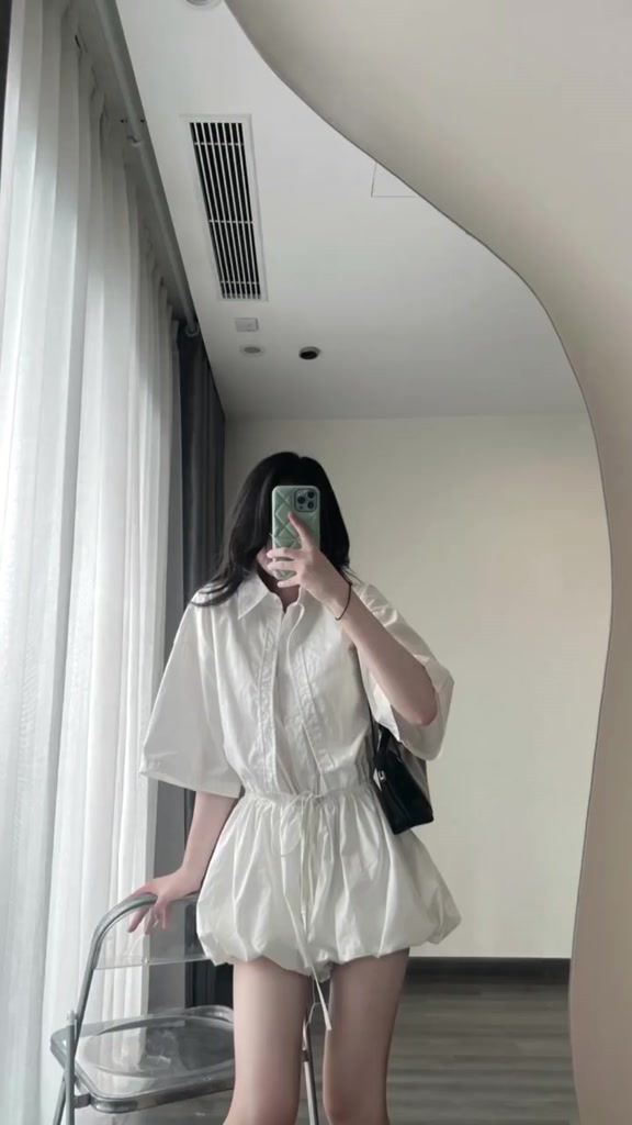 Jumpsuit liền quần dáng bí phồng cổ sơ mi 2 vạt tay ngắn kèm dây rút eo có quần bảo hộ MS33 | BigBuy360 - bigbuy360.vn