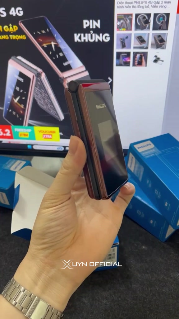 Điện thoại PHILIPS 4G Gập 2 màn hình hiển thị đồng hồ, Viền vàng sang trọng - Pin chờ lâu, 2 sim | BigBuy360 - bigbuy360.vn