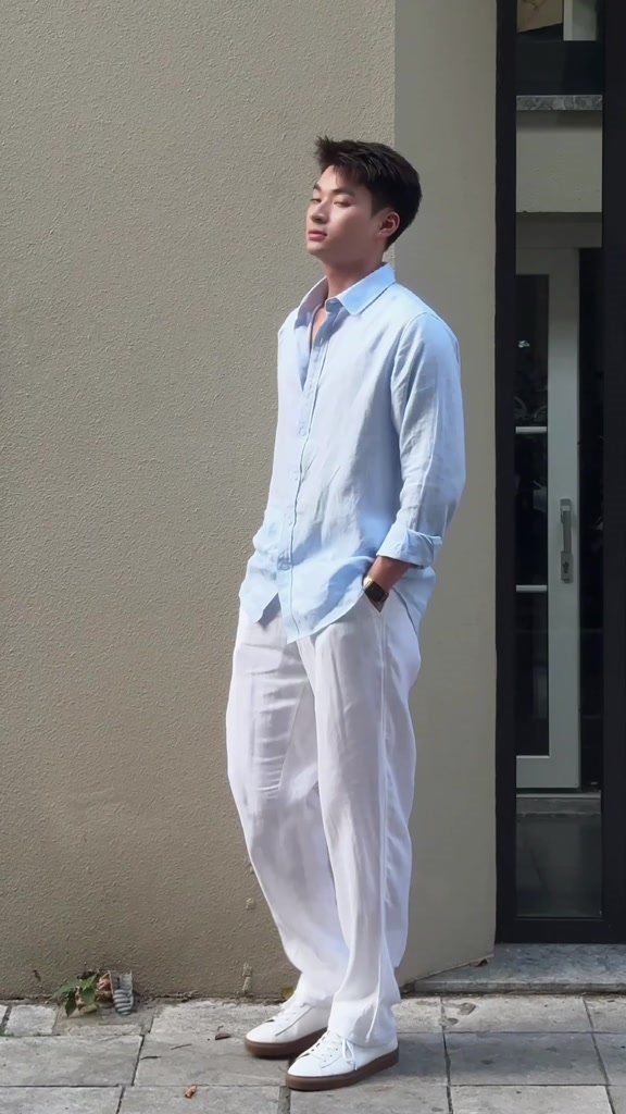 DODEP Áo sơmi nam 100% linen premium tay dài màu xanh da trời | BigBuy360 - bigbuy360.vn