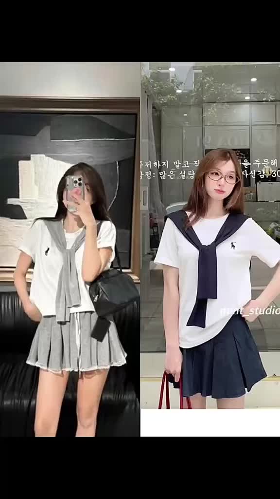 Áo phông thủy thủ tay lỡ phối khăn quàng thêu logo ngựa chất cotton co giãn thoáng mát unisex cá tính | BigBuy360 - bigbuy360.vn