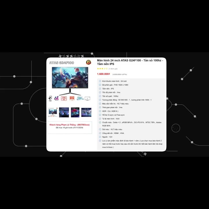 Màn Hình Máy Tính Gaming ATAS 24 Inch G24F100  – Full HD 1080 Tấm nền IPS Tần số quét 100HZ - Full viền siêu mỏng | BigBuy360 - bigbuy360.vn