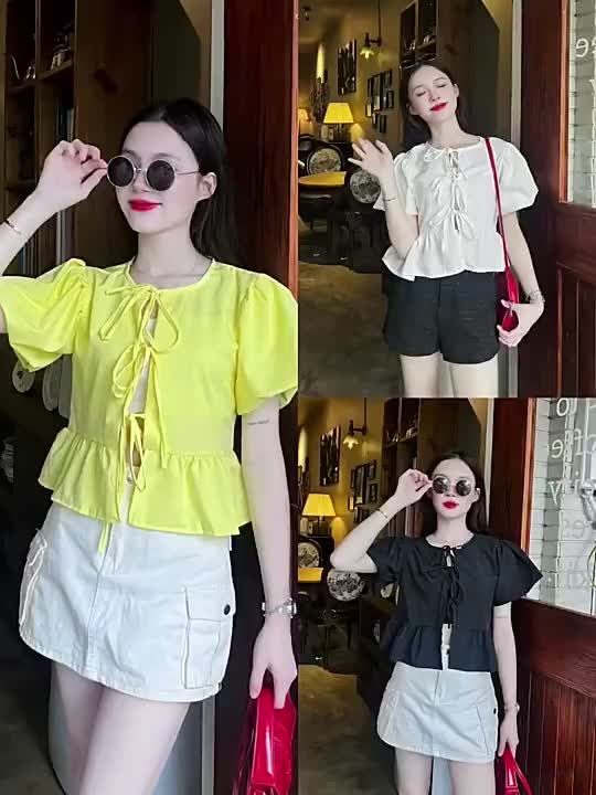 (Tặng kèm áo quây)Áo babydoll dáng ngắn , Áo croptop tay phồng thắt nơ tặng kèm áo hai dây trong MA209 | BigBuy360 - bigbuy360.vn