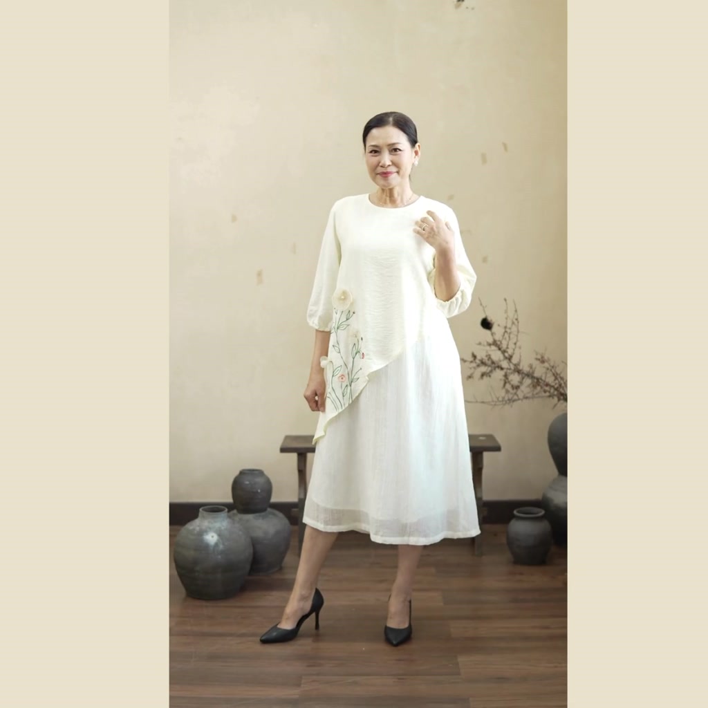 M COLLECTION | Váy Đầm Nữ Trung Niên Tặng Mẹ Phom Suông Lụa Hàn Nhẹ Mặc Thoáng Mát Thêu Hoa D12354 | BigBuy360 - bigbuy360.vn