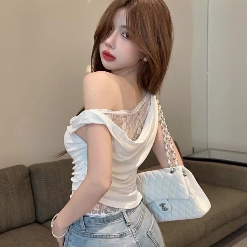 Gợi Cảm Phong Cách Cô Gái Nóng Cổ Xoay Thiết Kế Thời Trang Bất Đối Xứng Đeo Vai Ngắn Tay Ren Khâu Thiết Kế Giả Hai Mảnh Ngắn Top Mùa Hè Slim fit Crop Ngắn | BigBuy360 - bigbuy360.vn