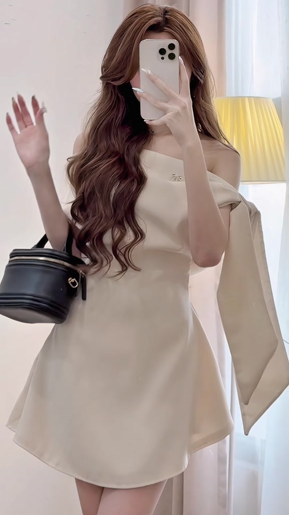 [Tặng nơ đá] Đầm trễ vai tiểu thư chiết ly eo buộc nơ vai sang chảnh dự tiệc HV280 | BigBuy360 - bigbuy360.vn