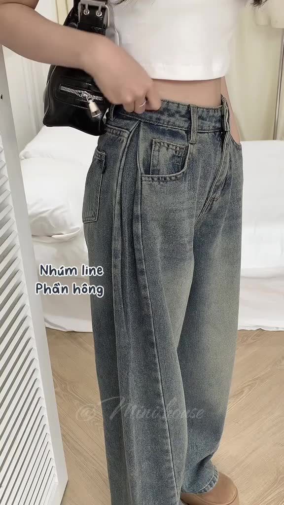 𝐌𝐈𝐍𝐈 𝐇𝐎𝐔𝐒𝐄 - Quần jeans nữ ống rộng phối line nhúm phần hông tôn dáng che khuyết điểm MINI003 | BigBuy360 - bigbuy360.vn