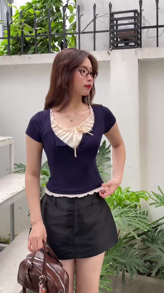 Áo thun tăm cộc tay phối bèo buộc dây MILASU áo nữ cổ tròn thoáng mát A392 | BigBuy360 - bigbuy360.vn